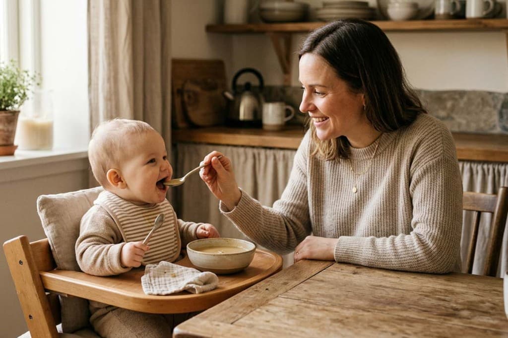 Mãe alimentando bebê com sopa nutritiva